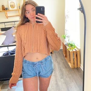 Aeropostale Tan Knit Sweater Zipper Cropped Hoodie — Women’s L